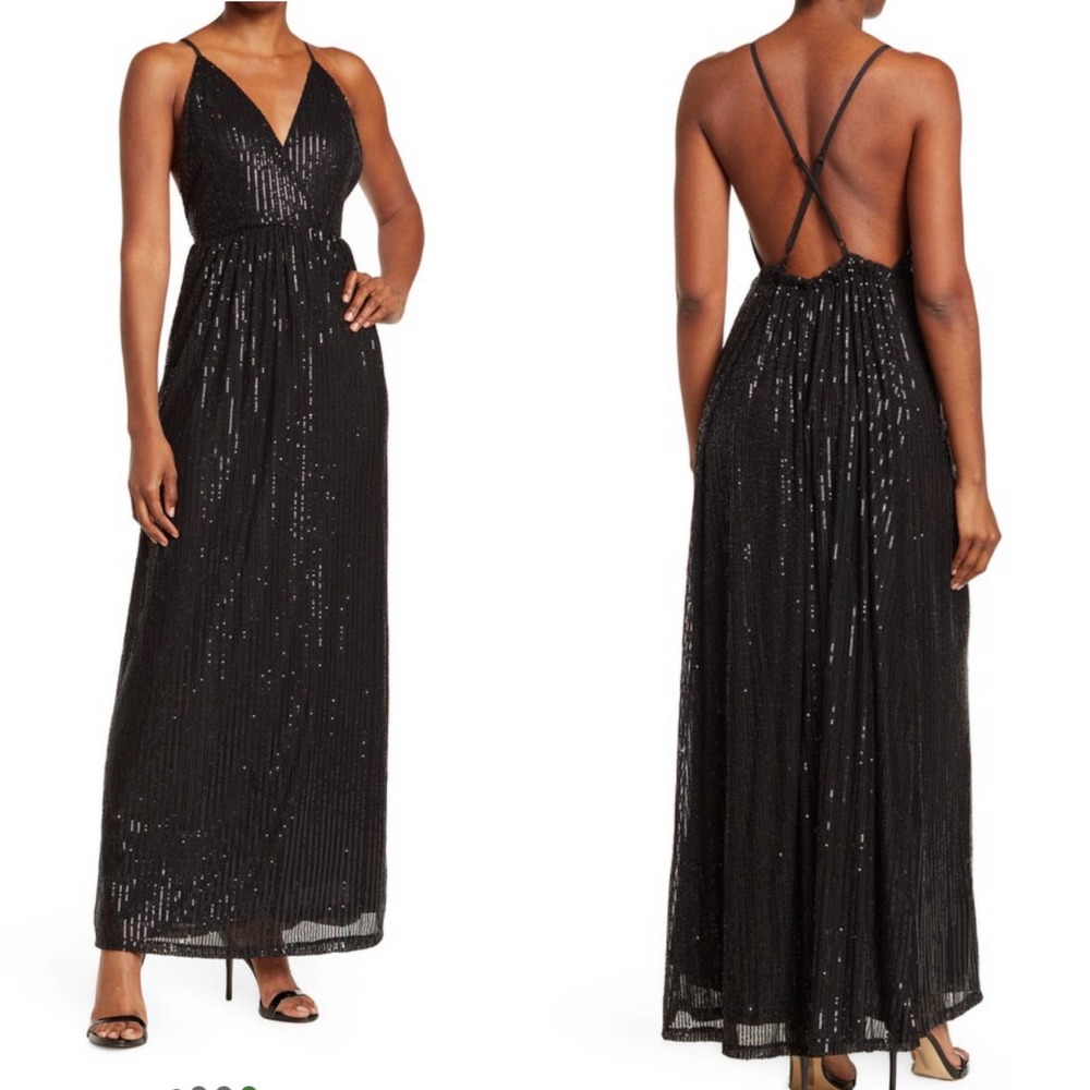 Mustard Seed Black Sequin Cross Back Sleeveless Maxi Dress Size Small NWT
